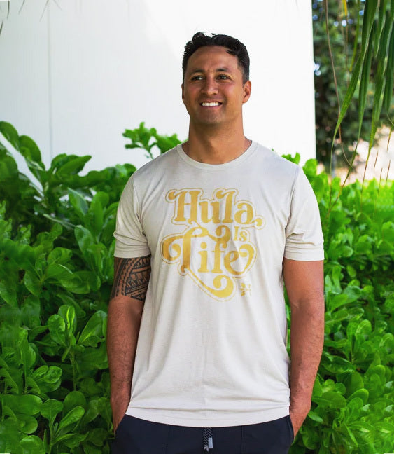 Model wearing a Hula is Life tee, designed in Hawaiʻi