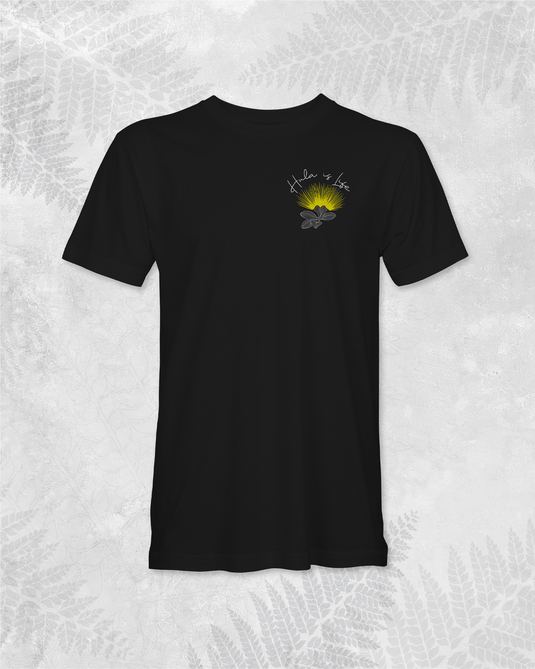 Translation missing: en.Hula is Life Lehua Mamo T-shirt featuring vibrant floral graphic on soft cotton fabric, displayed on a white background