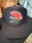 Trucker Hat, lehua blossom Hula is Life design