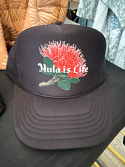 Trucker Hat, lehua blossom Hula is Life design