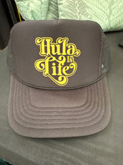 Trucker Hat, black with yellow Hula is Life script design