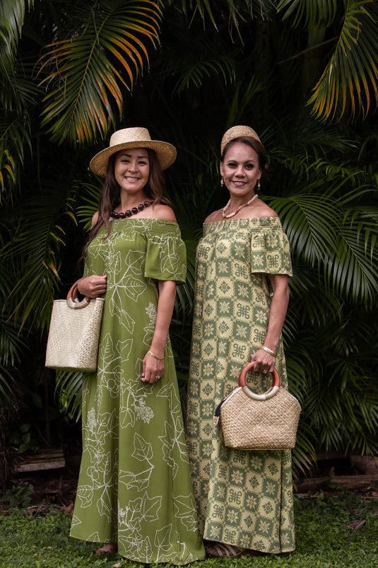 Translation missing: en.Kukui Olive Hiehie Dress by Hula is Life featuring a long, flowing design with tropical print and relaxed fit
