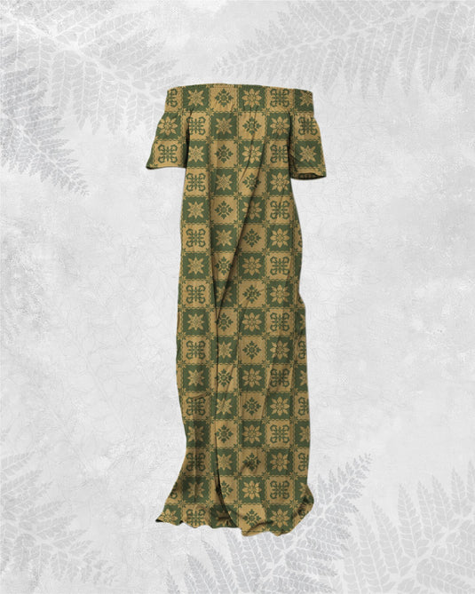 Translation missing: en.Yellow and olive Kukui Quilt Hiehie Dress by Hula is Life featuring vibrant fabric with intricate quilted details
