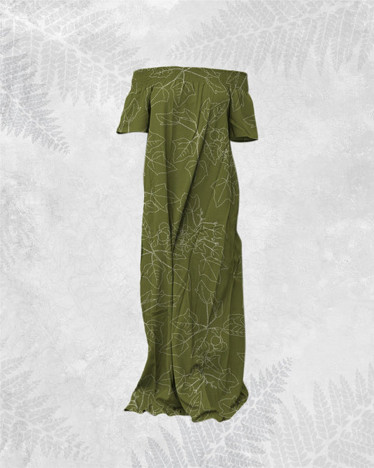 Translation missing: en.Kukui Olive Hiehie Dress by Hula is Life featuring a lightweight, flowy fabric with a tropical floral pattern