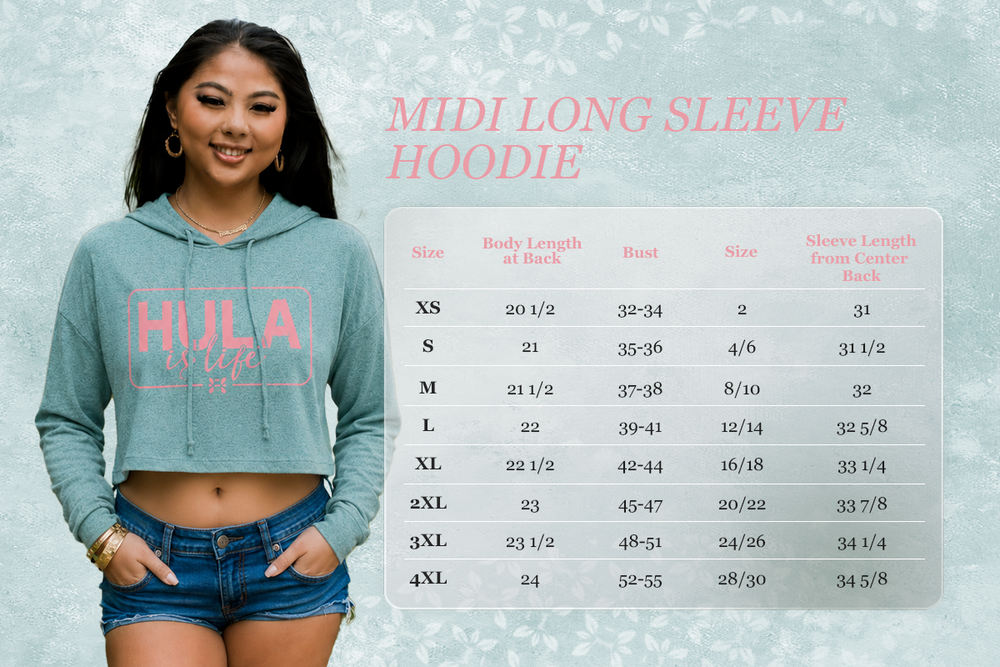 ʻIlima - Midi Long Sleeve Hoodie - Eucalyptus Blue size guide