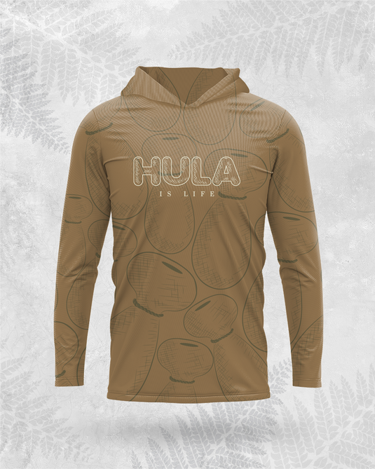 Translation missing: en.Hula is Life brown longsleeve dri-fit hoodie with Hula Ipu design, made for comfortable, stylish wear