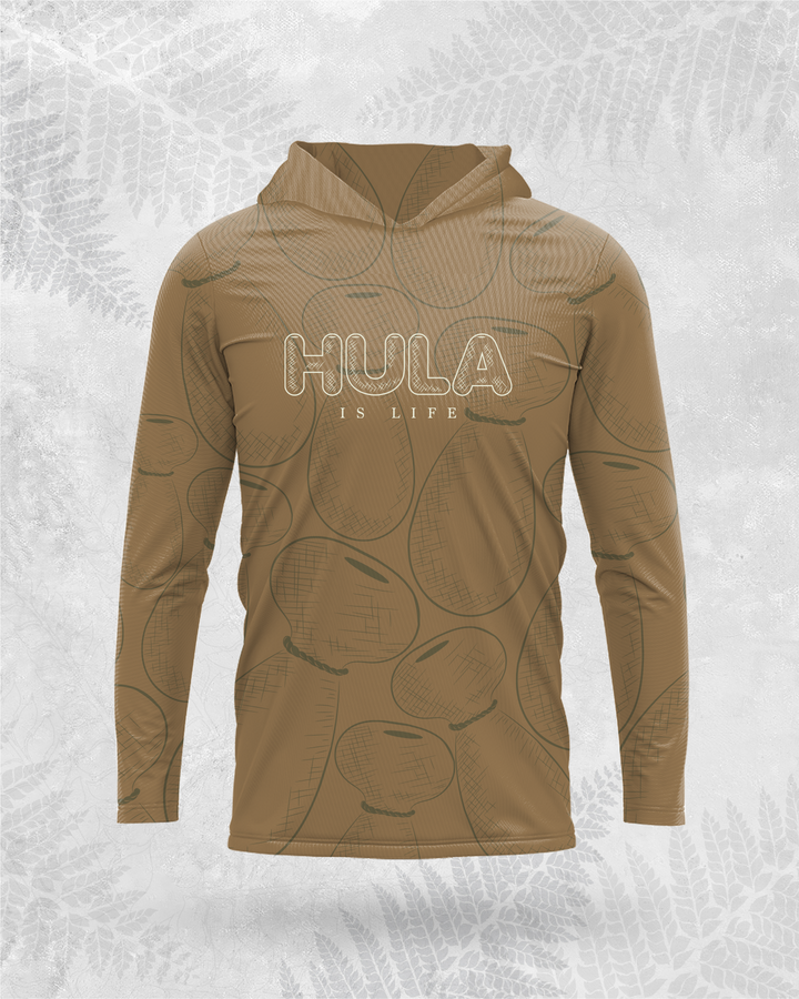 Translation missing: en.Hula is Life brown longsleeve dri-fit hoodie with Hula Ipu design, made for comfortable, stylish wear