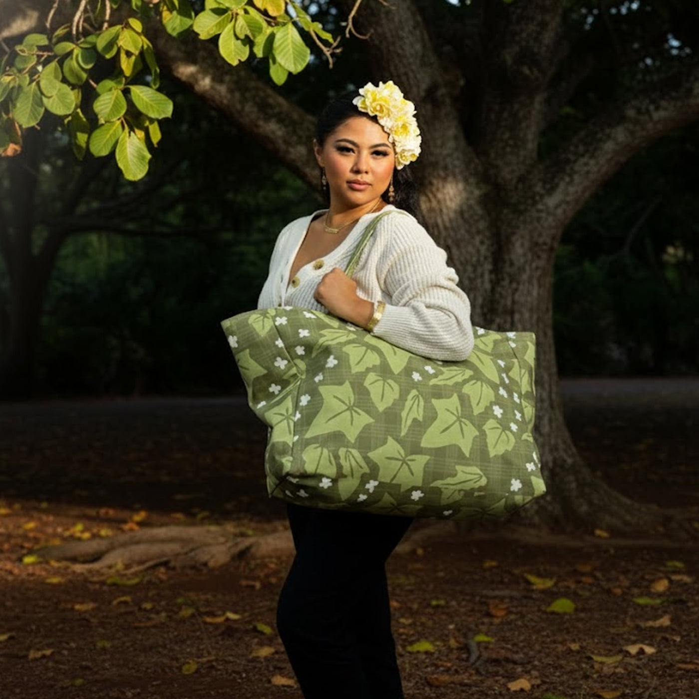 Hula is Life Kukui Jumbo Tote Bag with tropical print and sturdy handles, perfect for everyday use and beach outings.