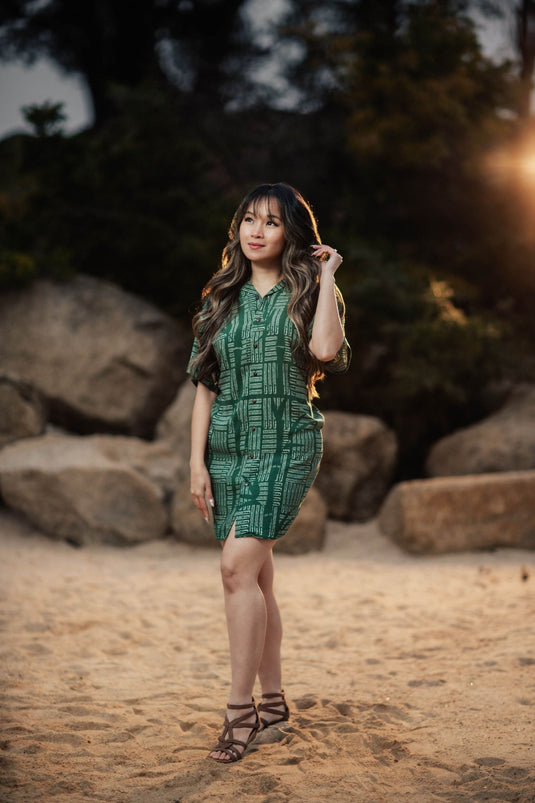 Translation missing: en.Hula is Life Puili Green Mālie T-shirt Dress, XS size, with a relaxed fit and vibrant green fabric, showcasing casual style