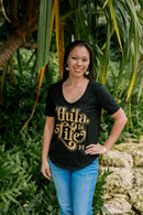 Hula Sway relaxed scoop top in black, worn by a model