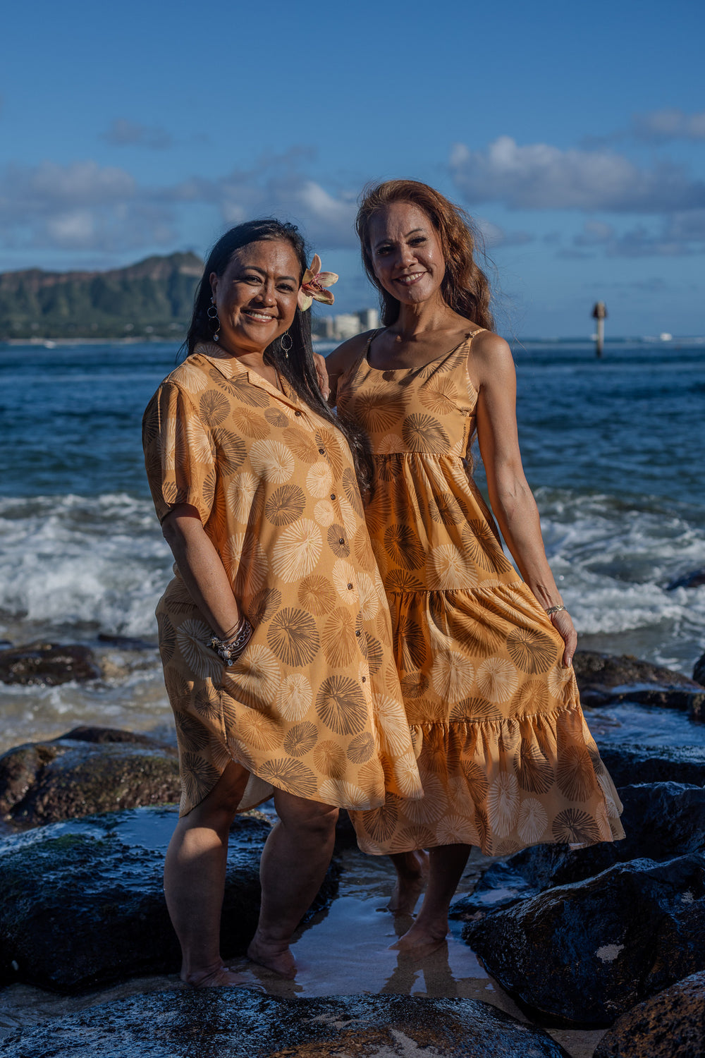 ʻOpihi Mālie and Mehana Dresses worn together